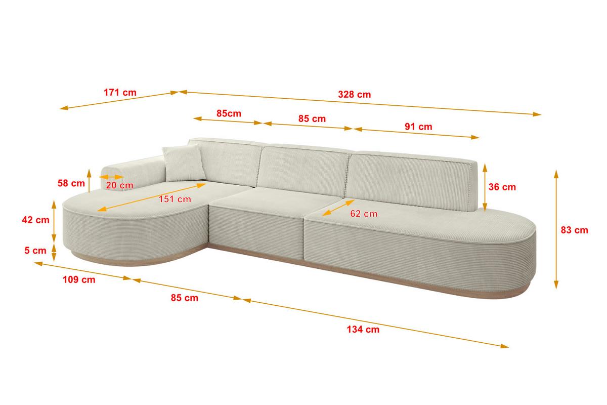 ECKSOFA Ottomane Links MARI-L2-v1 - 328x171x83 cm Creme Cord - Hellgrau/Creme, Holzwerkstoff/Textil (328/171cm) - ALTDECOR