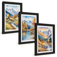 BILDER SET 3er Set - 20x30 cm Schwarzer Rahmen - Herbstliche Berge, Flusshäuser - Schwarz, Kunststoff (20/30cm) - TULUP