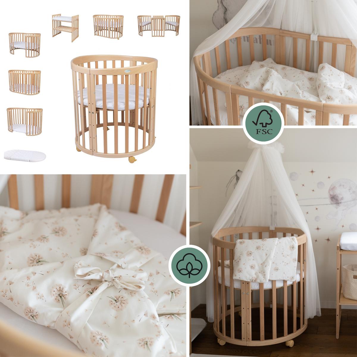 BABYBETT NATUR OVAL 7in1 mit Matratze und Himmelset - Naturfarben/Weiß, Holz/Textil (73/125cm) - waldin