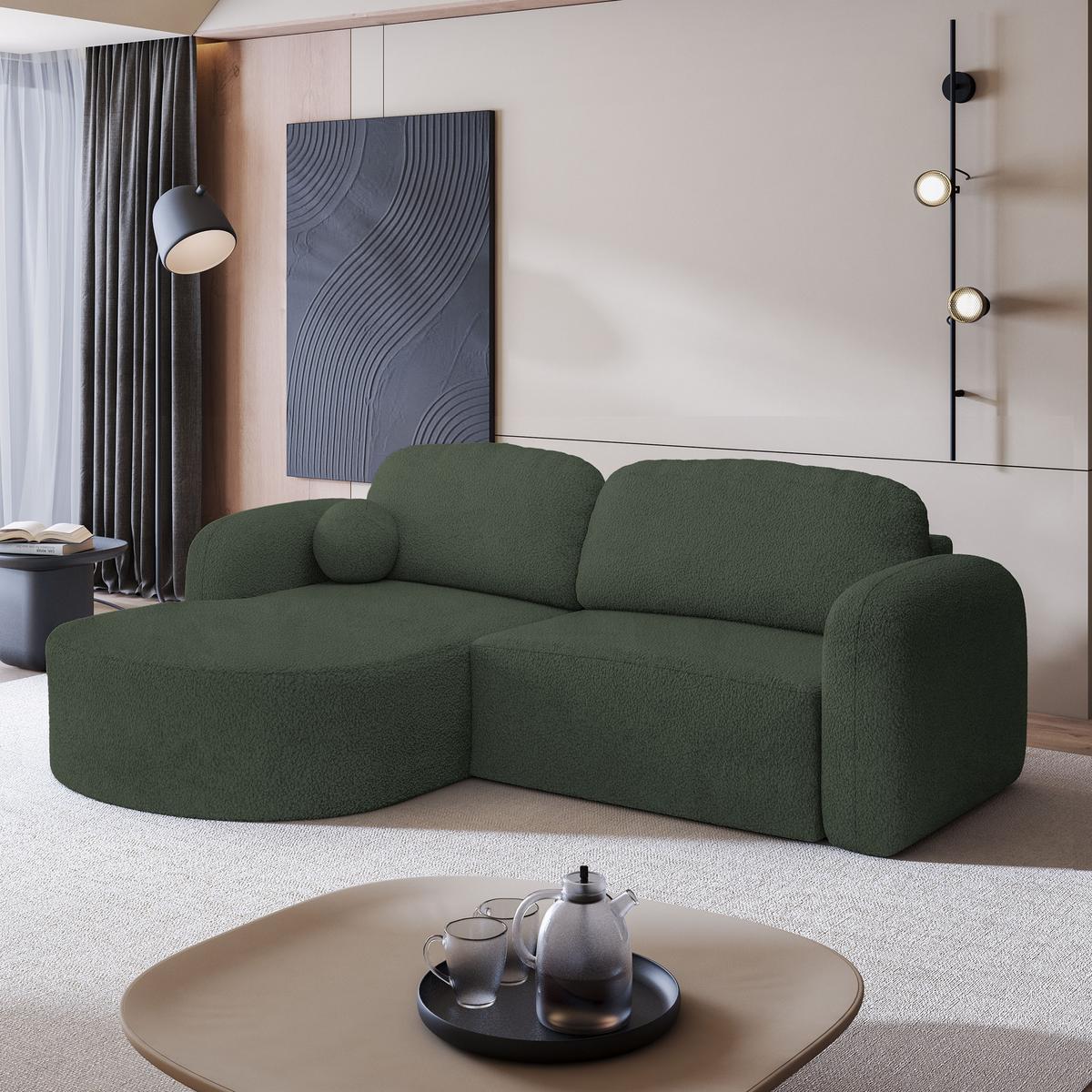 ECKSOFA AMILIA L-S Grün Boucle-Stoff mit Schlaffunktion - Grün, Holz (263/174cm) - MASSENO