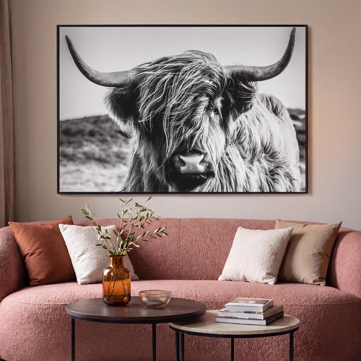 LEINWAND Bilder mit Rahmen - Kuh - Schottischer Hochländer - Schwarz - Weiß - Tier - Natur - Wildtiere - 150x100 - Schwarz, Textil (150/100cm) - MuchoWow