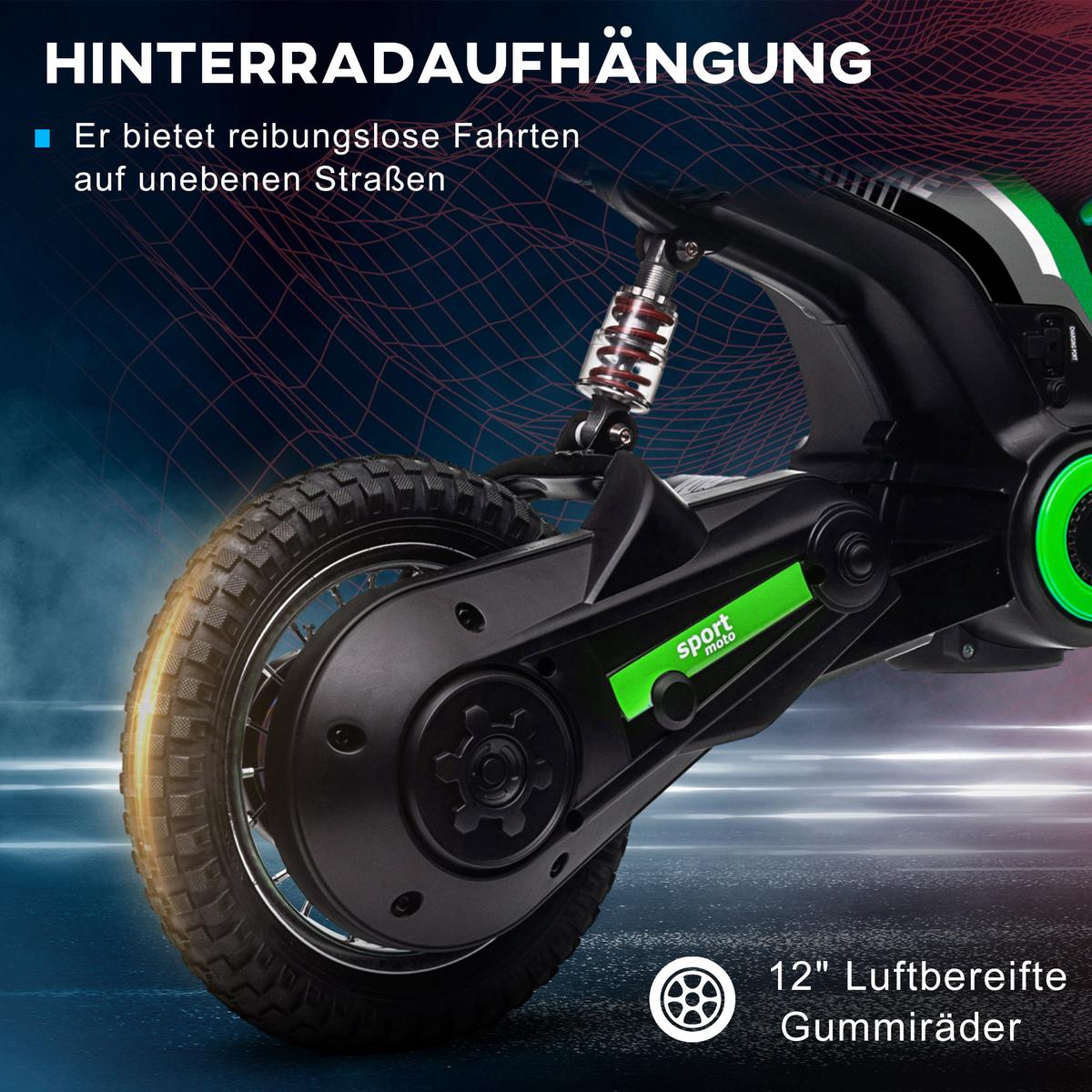 KINDER Elektro Motorrad, 12V Kindermotorrad mit Hupe, Leuchte, 8-16 km/h, Grün - Grün, Kunststoff (119/64/76.5cm) - HOMCOM