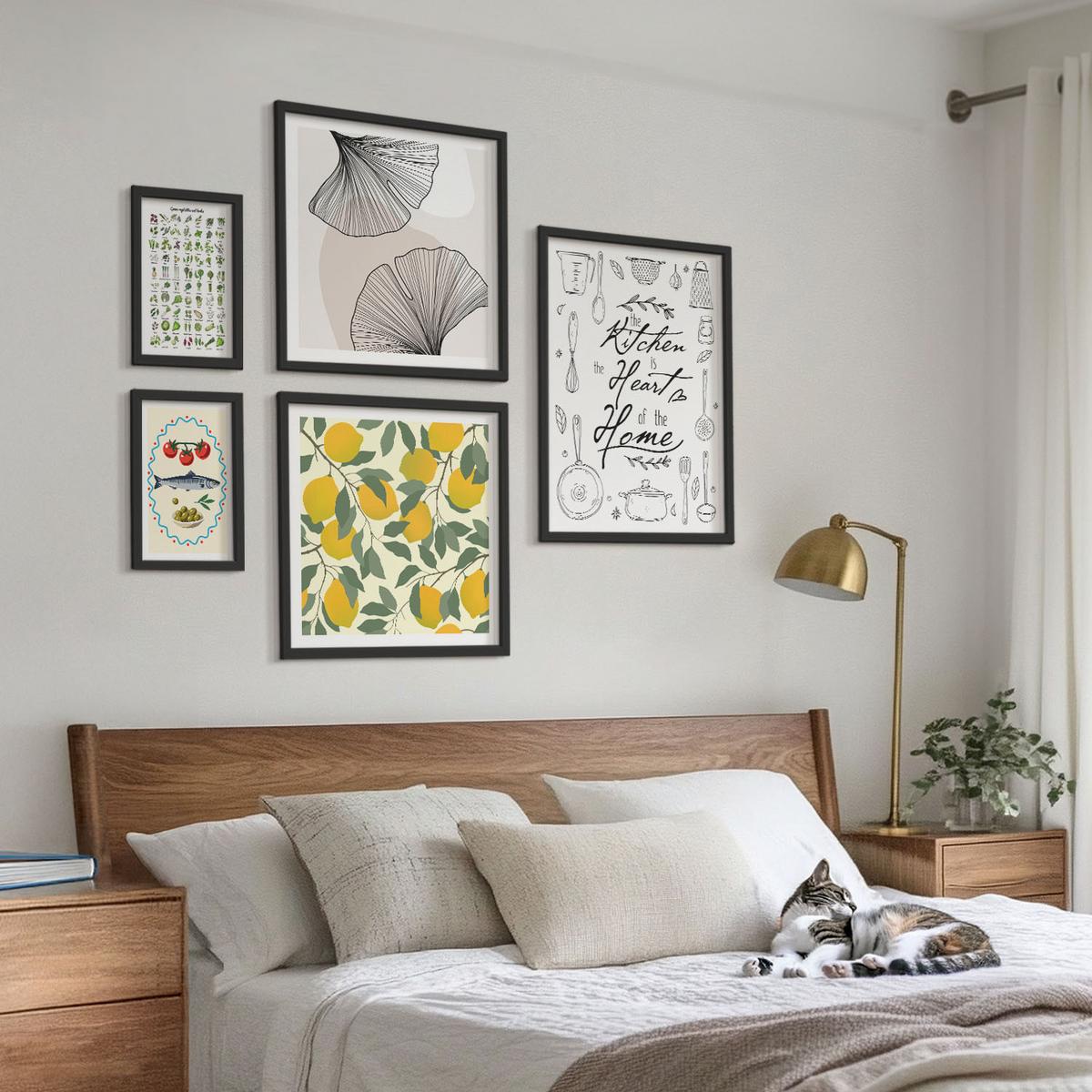 BILDER SET 5er Set - 50x50 cm & 20x30 cm & 40x60 cm Schwarzer Rahmen - Küchenkräuter-Zitronen-Malerei - Schwarz, Kunststoff (40/60cm) - TULUP