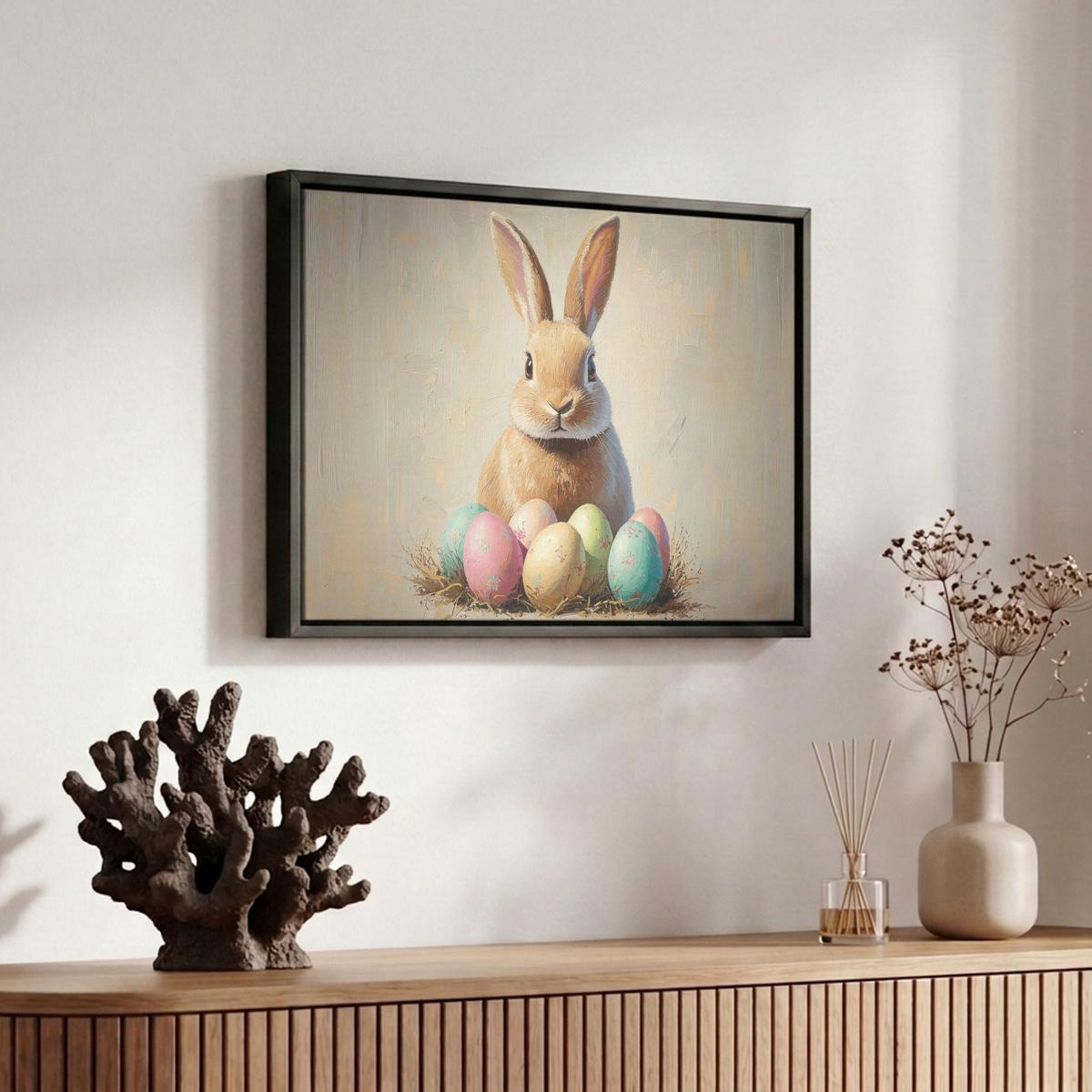 LEINWAND Bilder mit Rahmen - Osterhase - Pastell - Eier - 30x20 - Beige, Textil (30/20cm) - MuchoWow