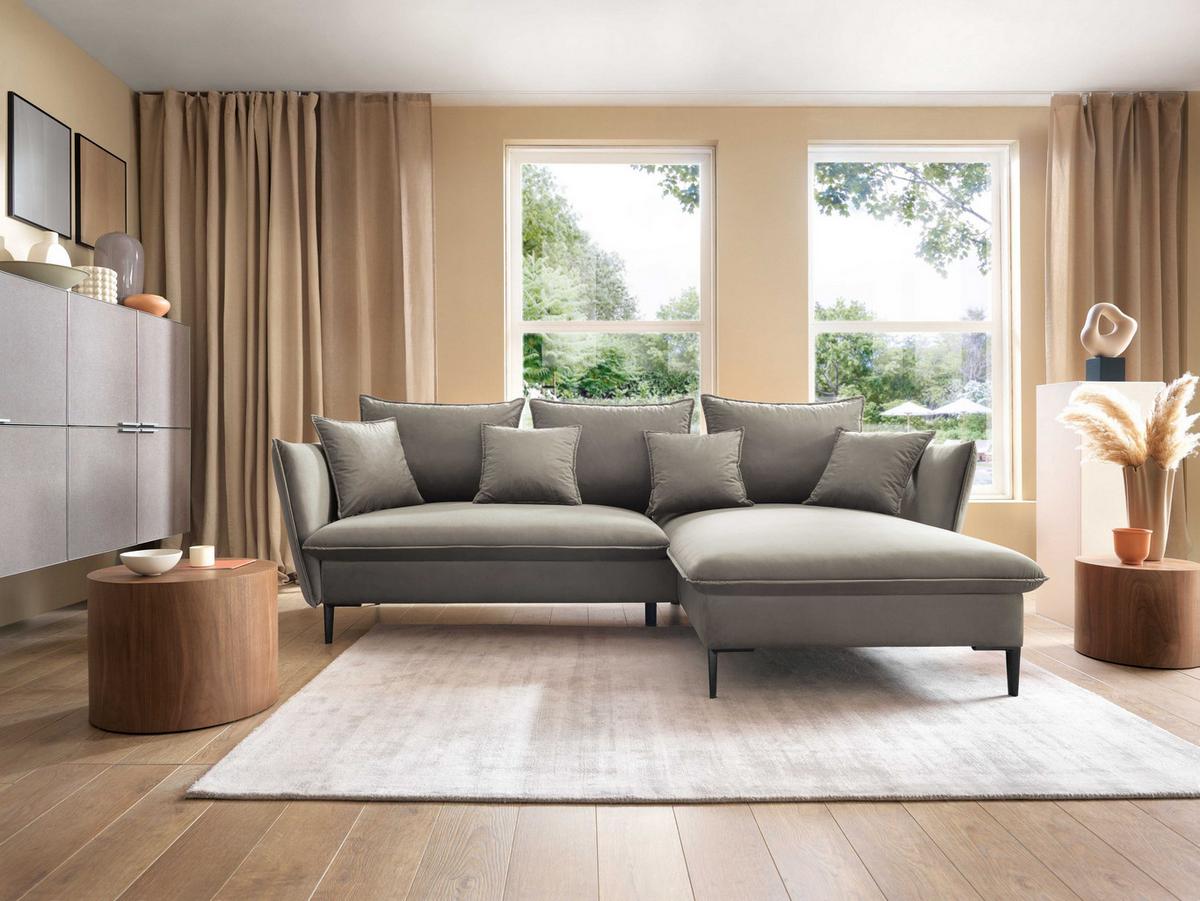 ECKSOFA SOLE Braun Plüsch-Stoff mit Schlaffunktion - Braun, Holz (258/167cm) - MASSENO