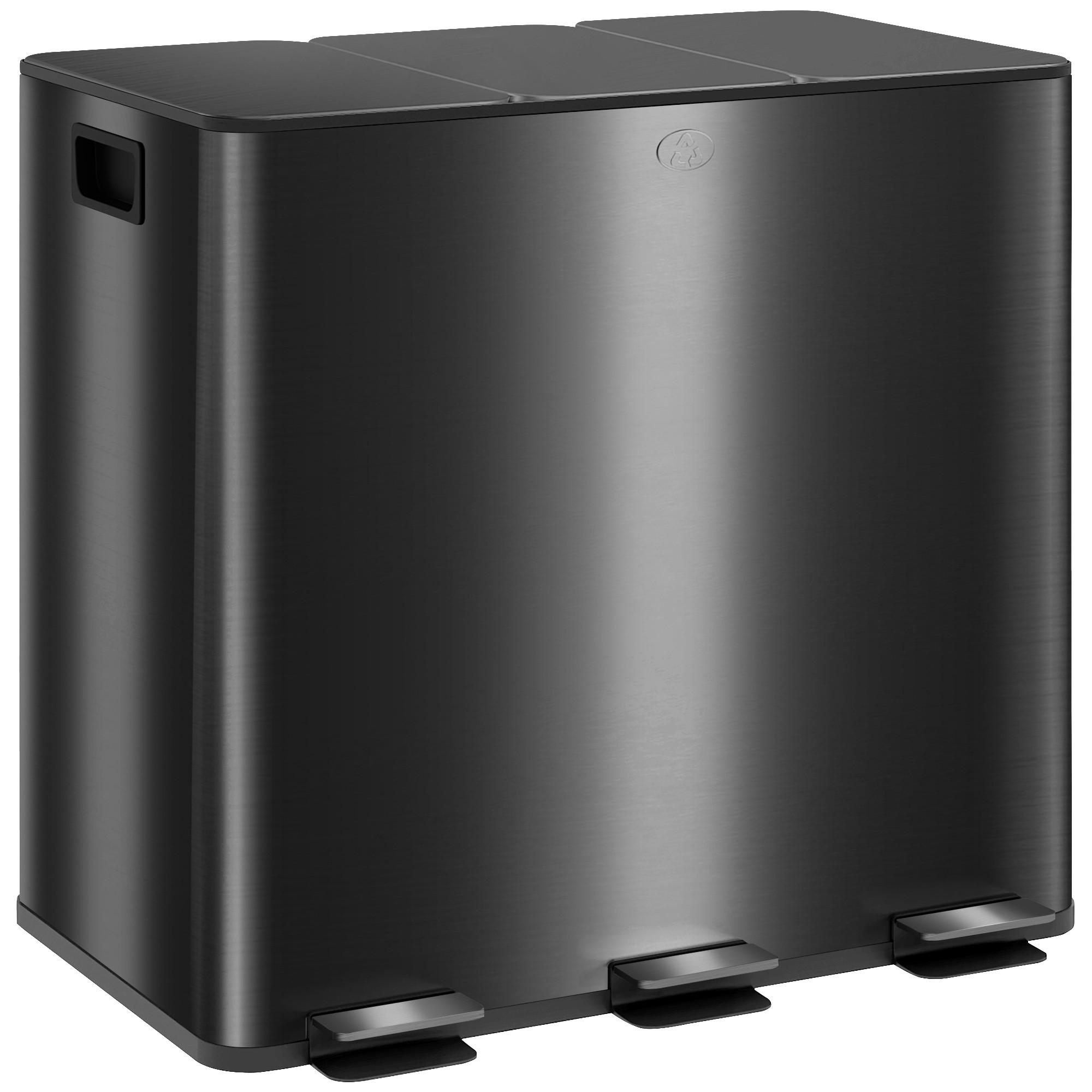 MÜLLEIMER 3x15L Abfalleimer aus Edelstahl mit Softclose Deckel Deodorant-Fächern - Anthrazit, Metall (36.6/43.2/61.9cm) - HOMCOM