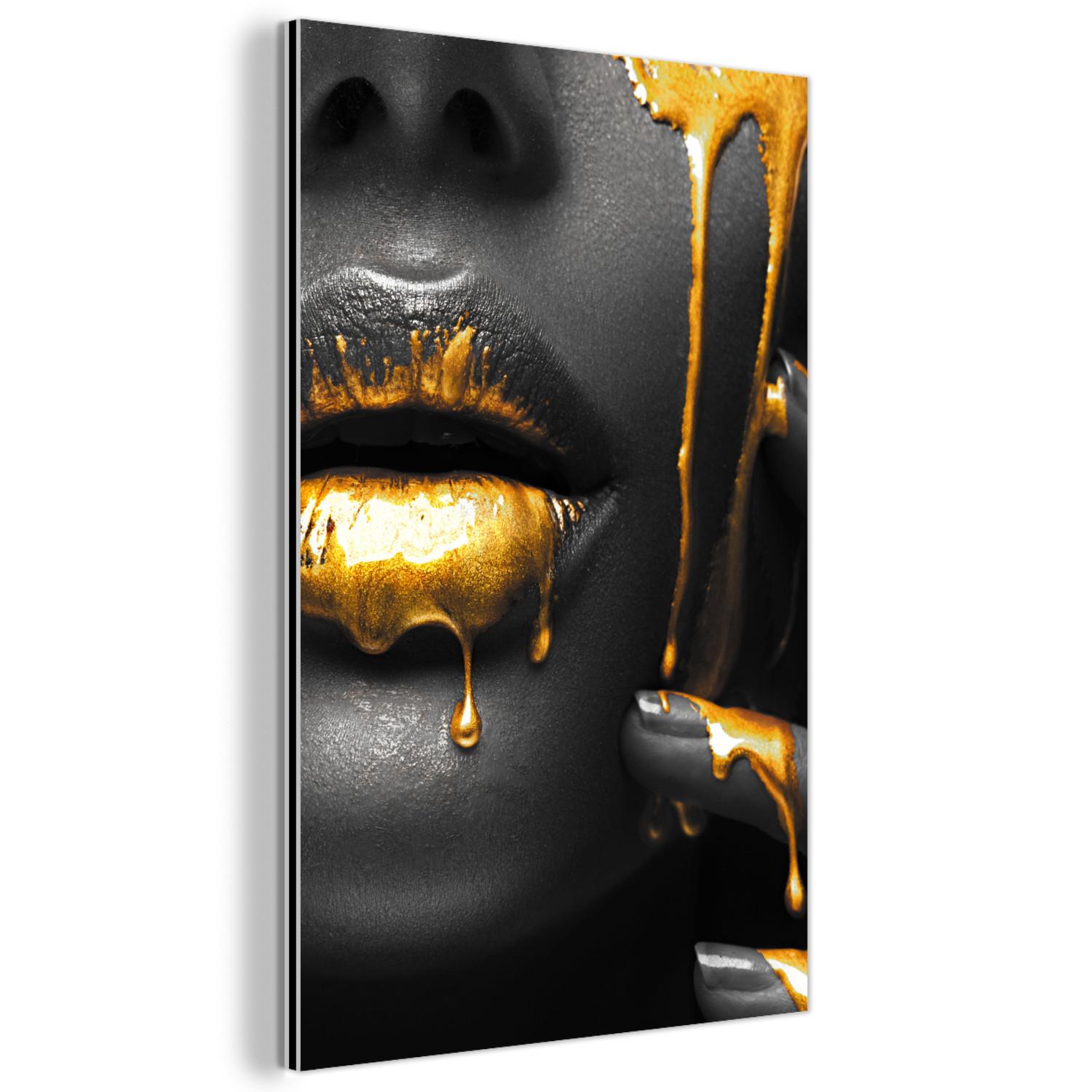 METALLBILD Frau - Schwarz - Gold - Gesicht - Lippen 80x120 cm - Goldfarben, Metall (80/120cm) - MuchoWow
