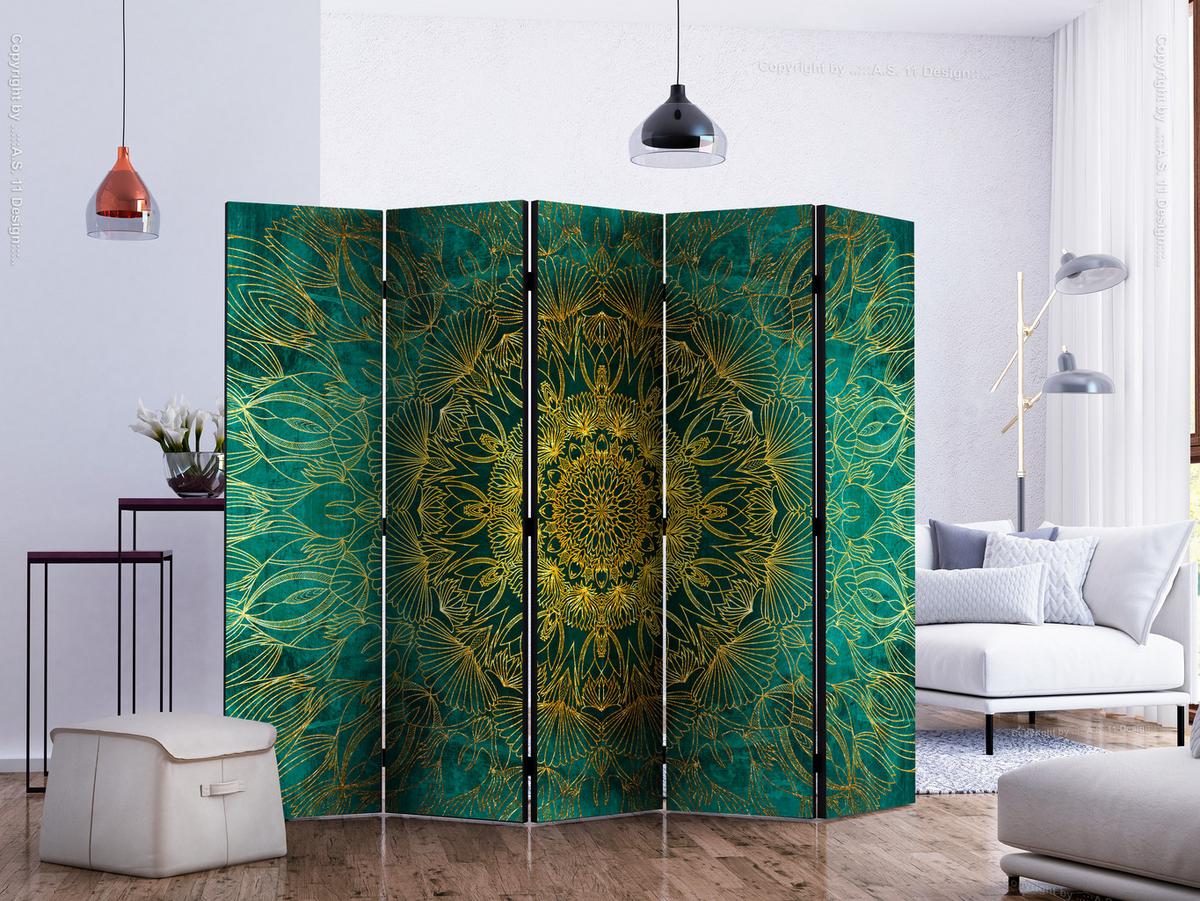 PARAVENT Beidseitig Bedruckter 5-tlg 225x172 cm Goldene Mandala - Grün, Holz/Textil (225/172/3cm) - Muralo