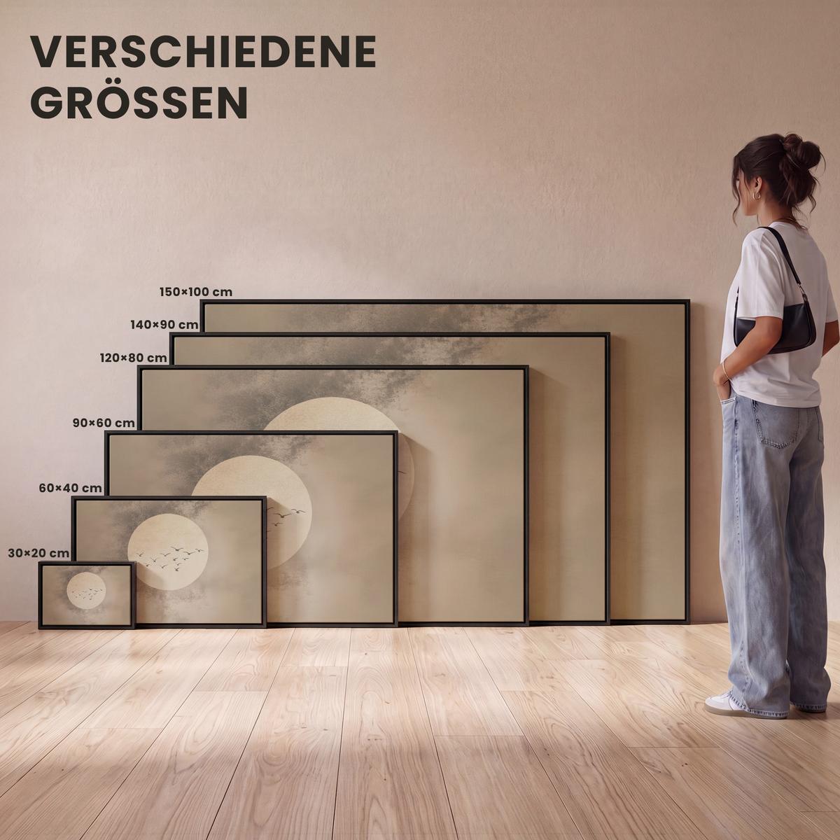 LEINWAND Bilder mit Rahmen - Vogel - Beige - Japanisch - 60x40 - Taupe, Textil (60/40cm) - MuchoWow