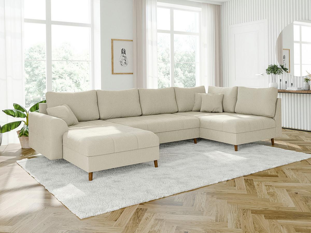 WOHNLANDSCHAFT inkl. Hocker Alma Beige Cord - Beige/Braun, Holz/Textil (310/81/161cm) - S-Style Möbel