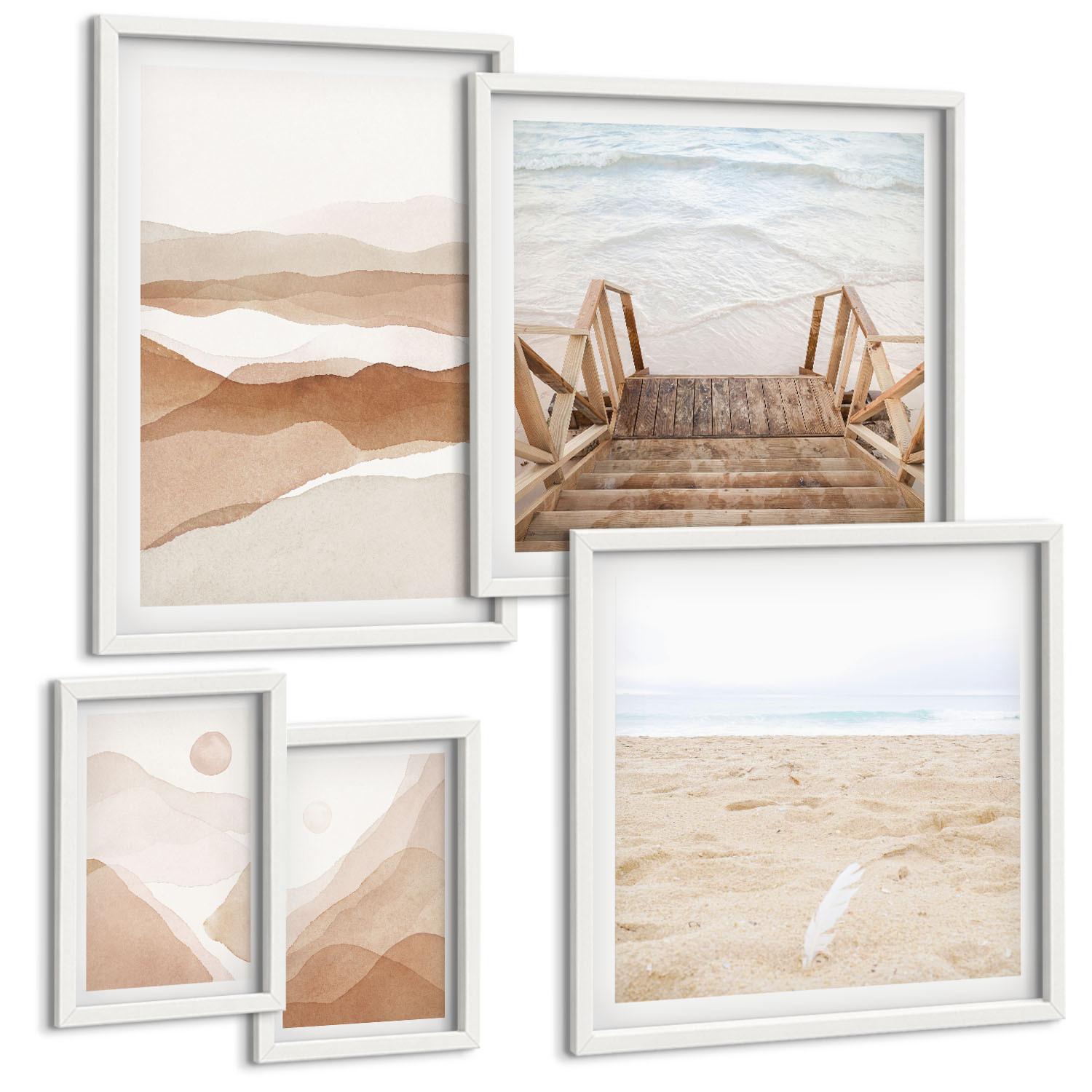 BILDER SET 5er Set - 50x50 cm & 20x30 cm & 40x60 cm Weißer Rahmen - Abstrakte braune Landschaften - Weiß, Kunststoff (40/60cm) - TULUP