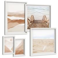 BILDER SET 5er Set - 50x50 cm & 20x30 cm & 40x60 cm Weißer Rahmen - Abstrakte braune Landschaften - Weiß, Kunststoff (40/60cm) - TULUP