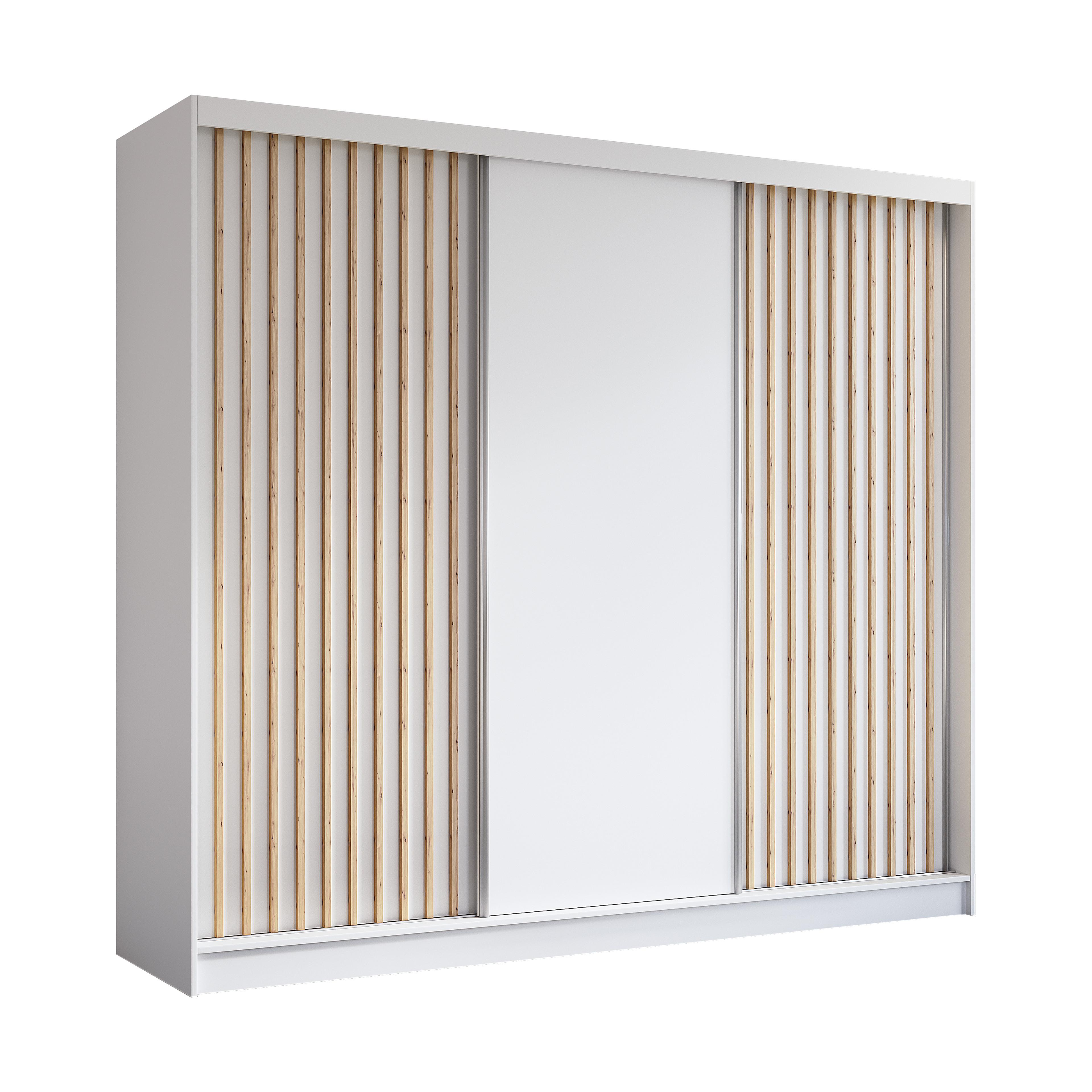 KLEIDERSCHRANK mit furnierten Schiebetüren und Aluminium-Leisten - LABELO - 240 cm Weiß+Weiß+Artisan - Weiß/Eiche Artisan, Holzwerkstoff (240/216/61cm) - ALTDECOR