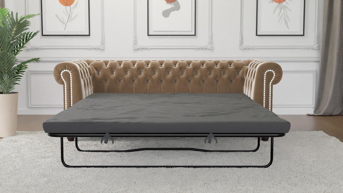 CHESTERFIELD-SOFA 3-Sitzer mit Schlaffunktion Nyx Beige Samt - Beige/Braun, Holz/Textil (203/28/86cm) - S-Style Möbel
