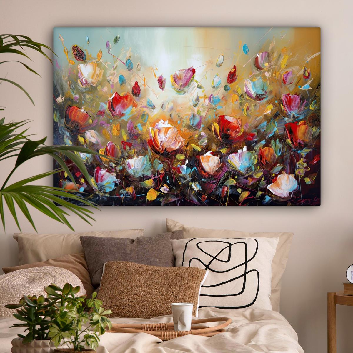 LEINWANDBILD Blumen - Kunst - Natur - Ölgemälde Groß 140x90 cm - Multicolor, Textil (140/90cm) - MuchoWow