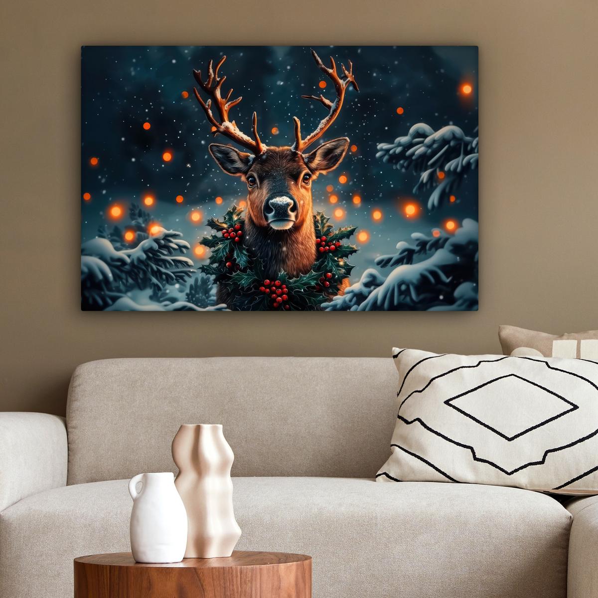 LEINWANDBILD Hirsch - Weihnachten - Winter - Schnee - Weihnachtskranz Wanddeko 90x60 cm - Dunkelbraun, Textil (90/60cm) - MuchoWow