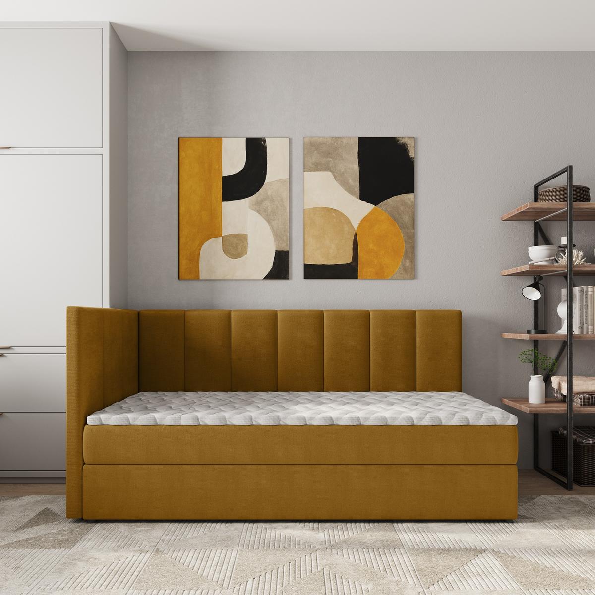 BOXBETT BEVE 90x200 cm mit Matratze und Topper, H2+H3 - Gelb - Gelb, Holz (90/200cm) - MASSENO