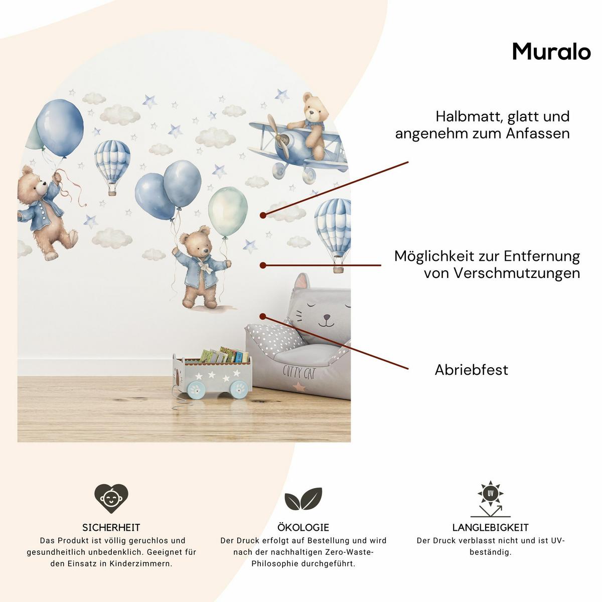 WANDSTICKER Bären Ballons 60x30 - Blau/Beige, Papier (60/30/30cm) - Muralo