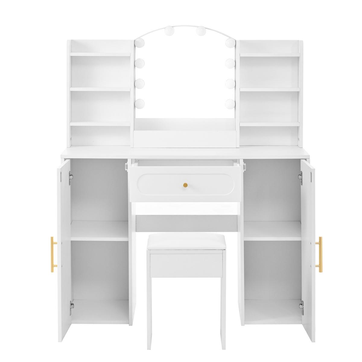 SCHMINKTISCH LED mit Hocker Spiegel Stauraum - Weiß, Holzwerkstoff (110/132/40cm) - Urban Meuble