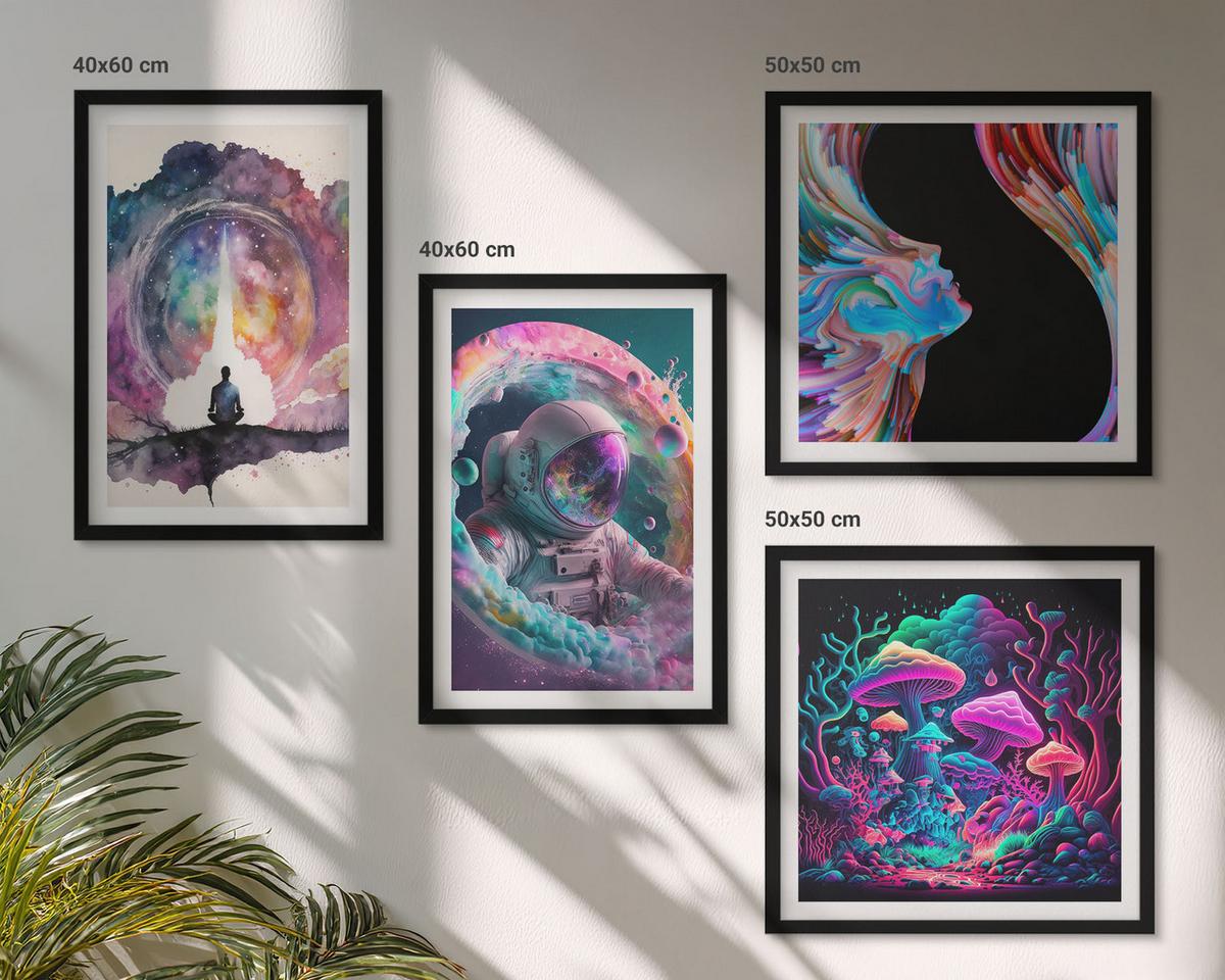 BILDER SET 4er Set - 50x50 cm & 40x60 cm Schwarzer Rahmen - Farbenfrohe Fantasy-Kunstillustrationen - Schwarz, Kunststoff (50/50cm) - TULUP