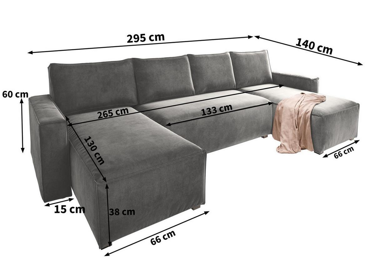 WOHNLANDSCHAFT DENI Creme Velours-Stoff mit Schlaffunktion - Creme/Grau, Holz/Kunststoff (295/85/140cm) - MASSENO