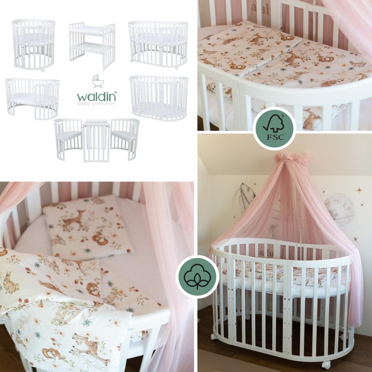 BABYBETT NATUR OVAL 7in1 mit Matratze und Himmelset - Naturfarben/Rosa, Holz/Textil (73/125cm) - waldin