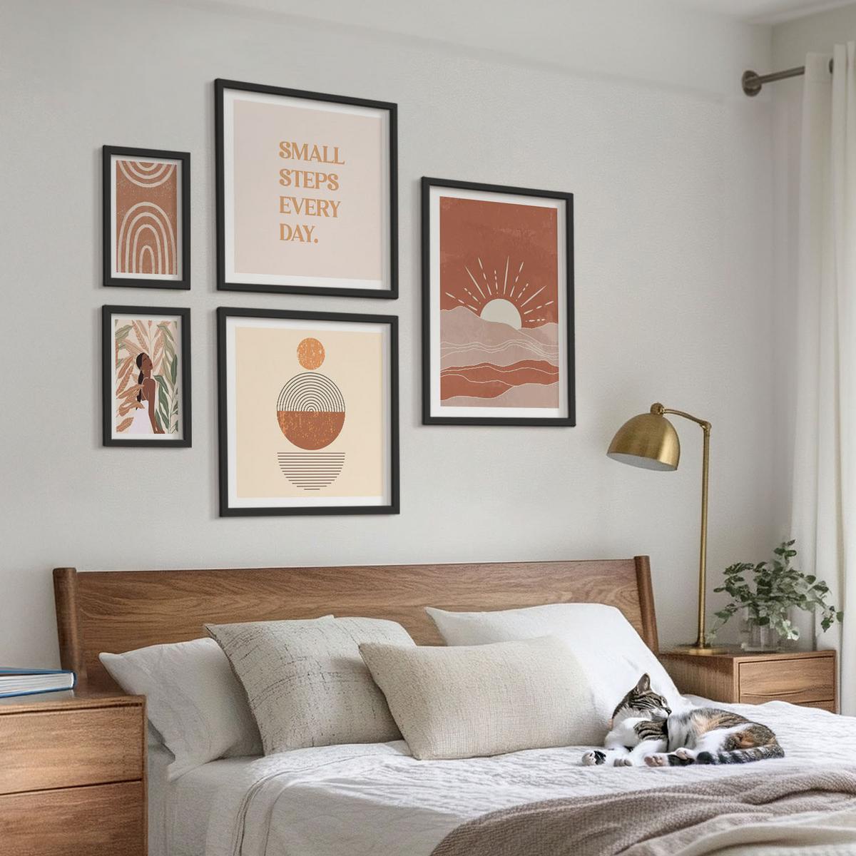 BILDER SET 5er Set - 50x50 cm & 20x30 cm & 40x60 cm Schwarzer Rahmen - Ein entspannter Buddha am Strand - Schwarz, Kunststoff (40/60cm) - TULUP