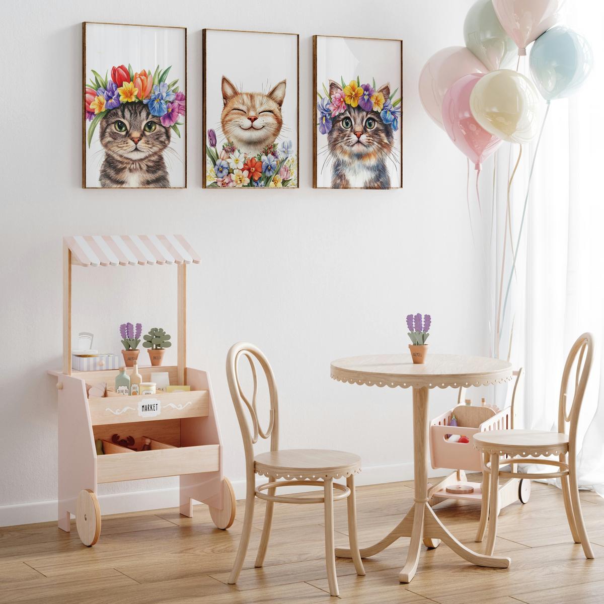 POSTER SET für Kinderzimmer KATZEN Blumen Tiere Pflanzen 3x Poster A3 30x42cm - Beige/Rot, Papier (30/42/1cm) - Muralo