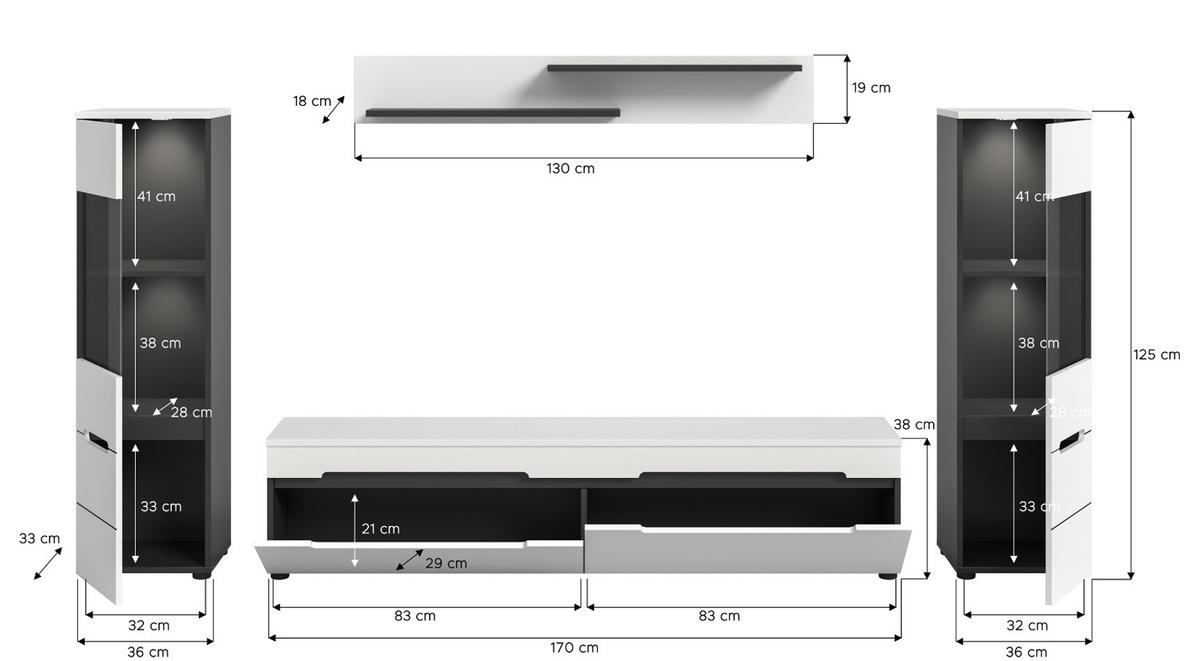 WOHNWAND weiß, grau, Wohnkombination 4-teilig hängend / stehend 272 cm, Cooper - Schwarz/Weiß, Glas/Holzwerkstoff (272/141/33cm) - Inn.Furn