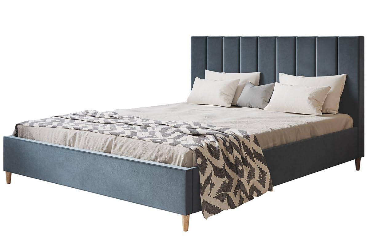 POLSTERBETT LUX Tokio mit Kopfteil, 140 x 200 cm, Doppelbett mit Lattenrost aus Holz, Velourstoff Blau, Füße in Farbe: Braun - Blau, Holz/Textil (140/200cm) - Alpi-Möbel