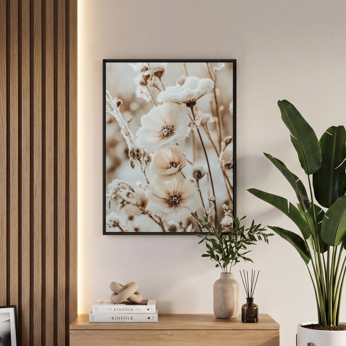 LEINWAND Bilder mit Rahmen - Blumen - Winter - Weiß - Schnee - Beige - 60x80 - Creme, Textil (60/80cm) - MuchoWow