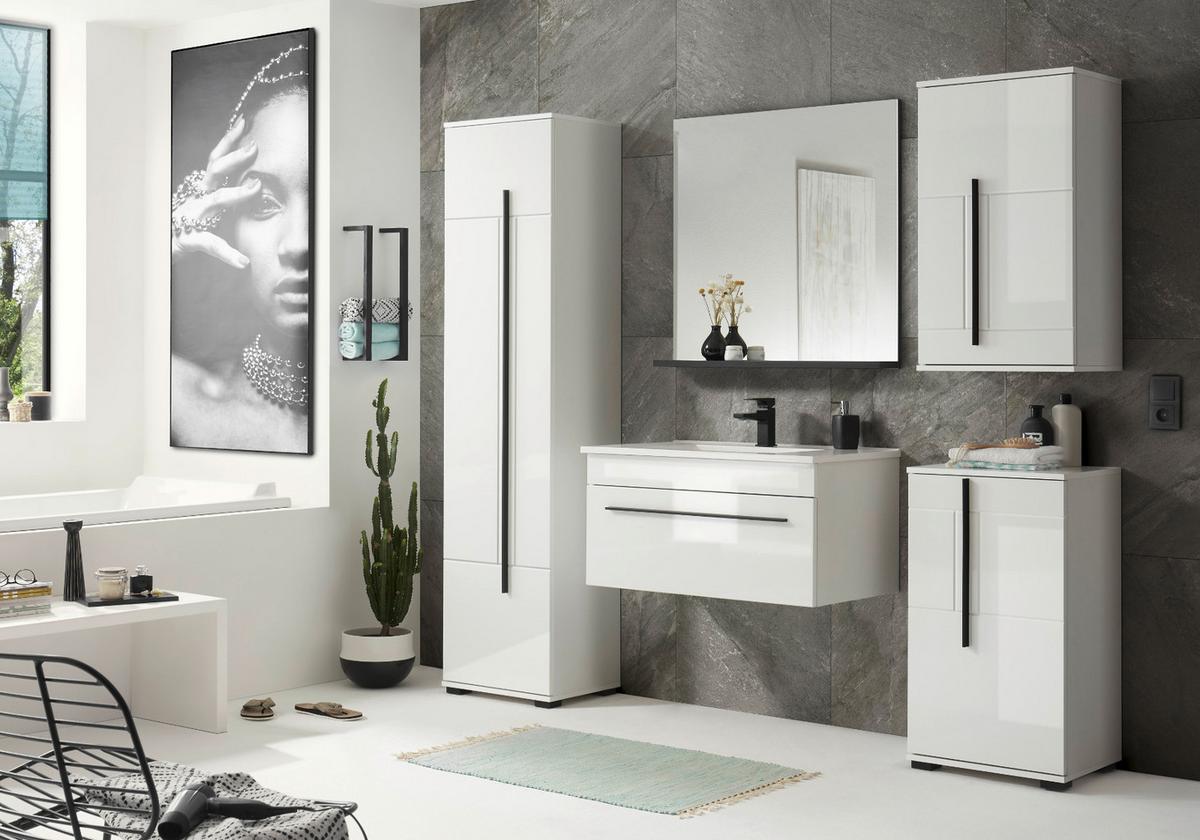 BAD-HÄNGESCHRANK weiß Hochglanz, Badschrank hängend, 45 x 85 cm - Weiß Hochglanz/Schwarz, Holzwerkstoff/Kunststoff (45/85/30cm) - Furn.Design