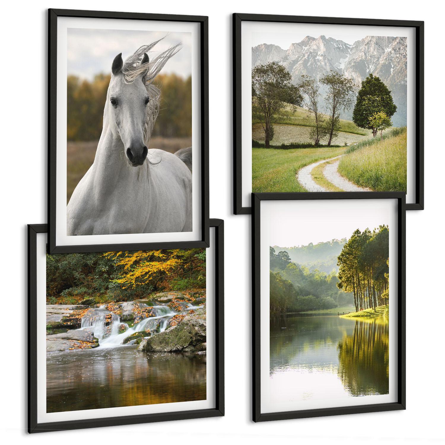 BILDER SET 4er Set - 50x50 cm & 40x60 cm Schwarzer Rahmen - Natur des Flusses White Horses - Schwarz, Kunststoff (50/50cm) - TULUP