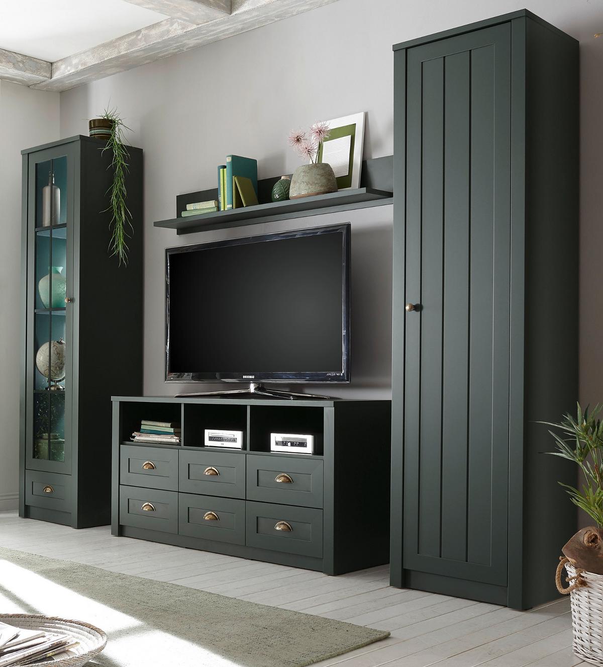 WOHNWAND grün 4-teilig 270 cm Landhaus, Wohnkombination mit viel Stauraum - Chromfarben/Schwarz, Glas/Holzwerkstoff (270/198/43cm) - Furn.Design
