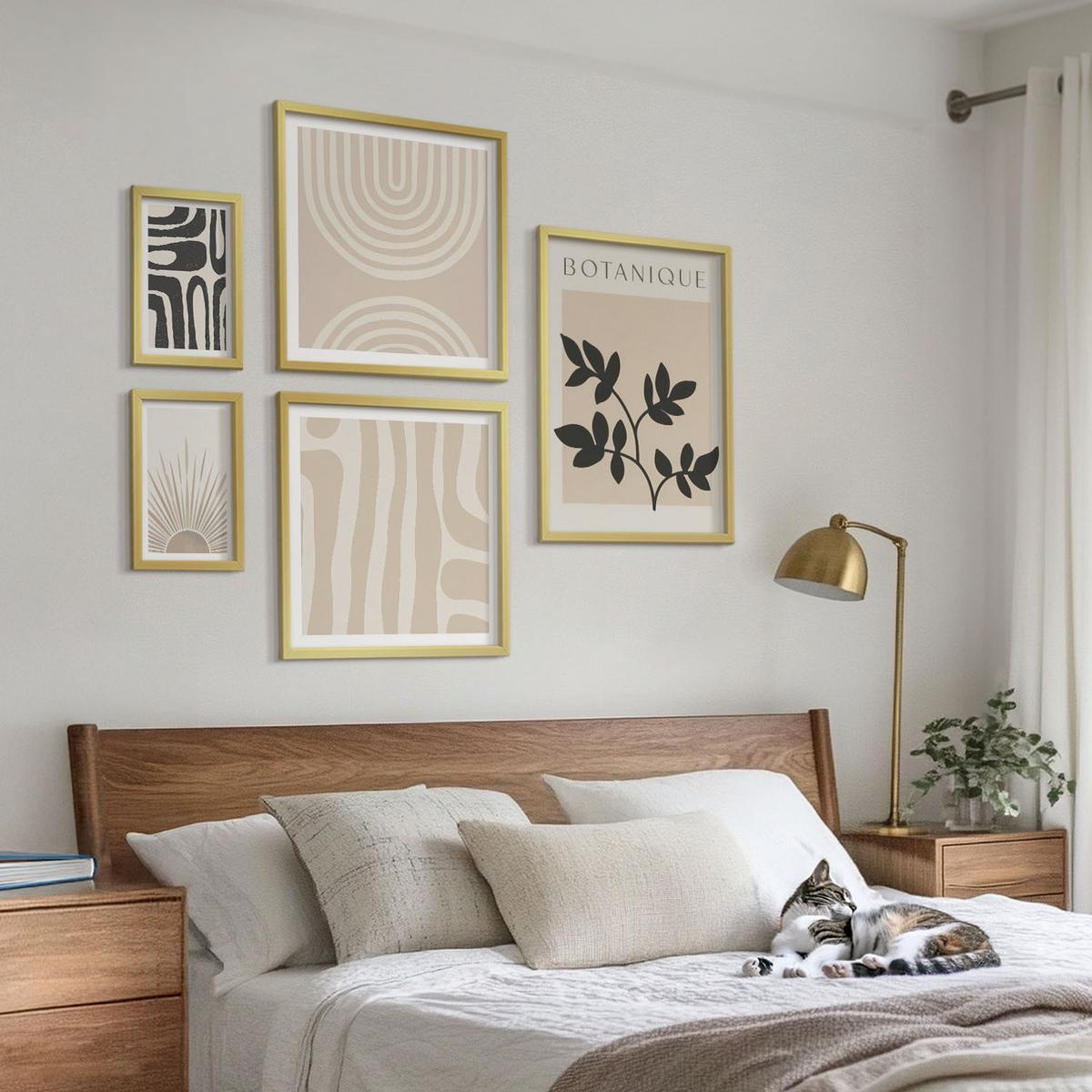 BILDER SET 5er Set - 50x50 cm & 20x30 cm & 40x60 cm Goldrahmen - Abstrakte Pflanzenmuster - Goldfarben, Kunststoff (40/60cm) - TULUP