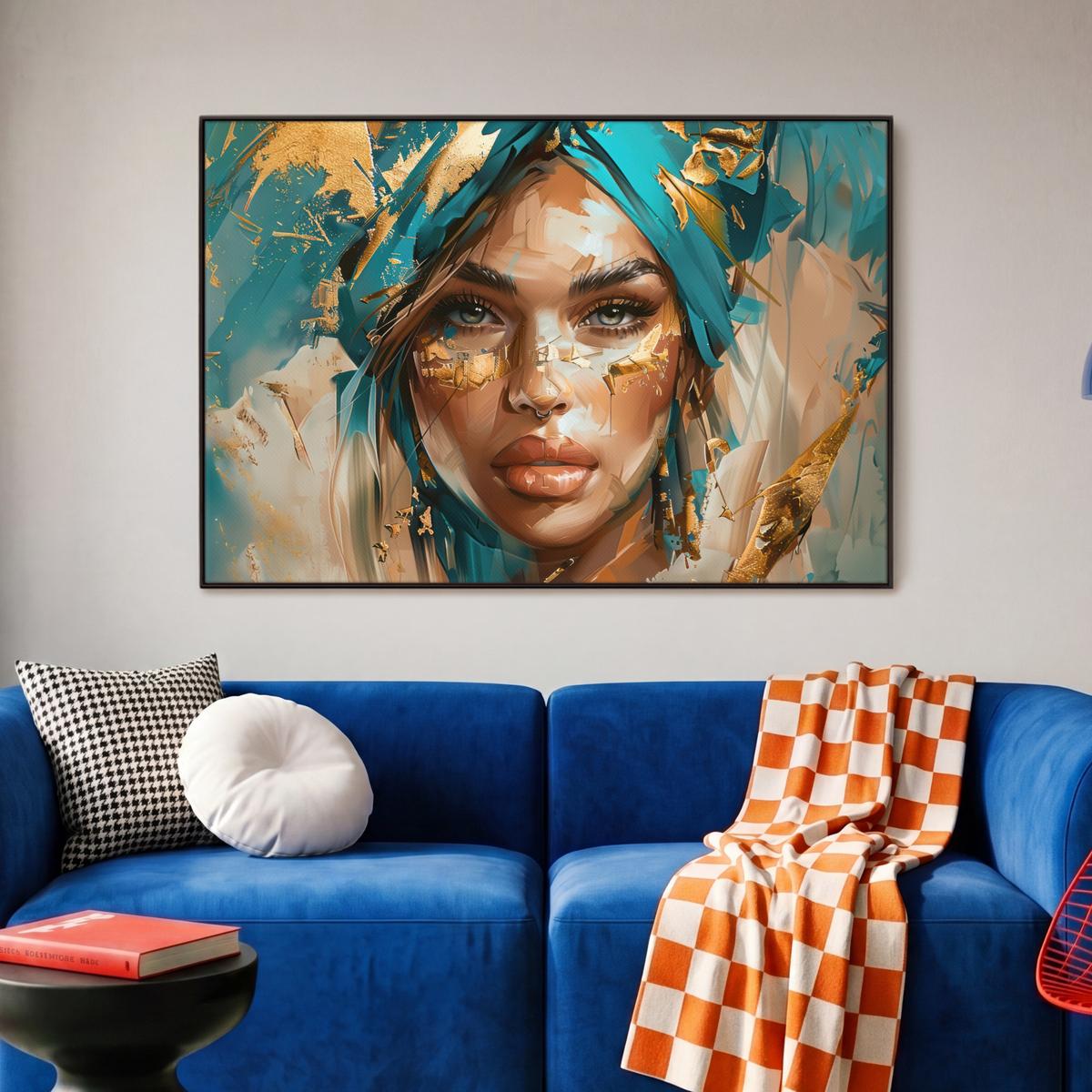 LEINWAND Bilder mit Rahmen - Frau - Porträt - Gold - Luxus - Blau - 90x60 - Türkis, Textil (90/60cm) - MuchoWow
