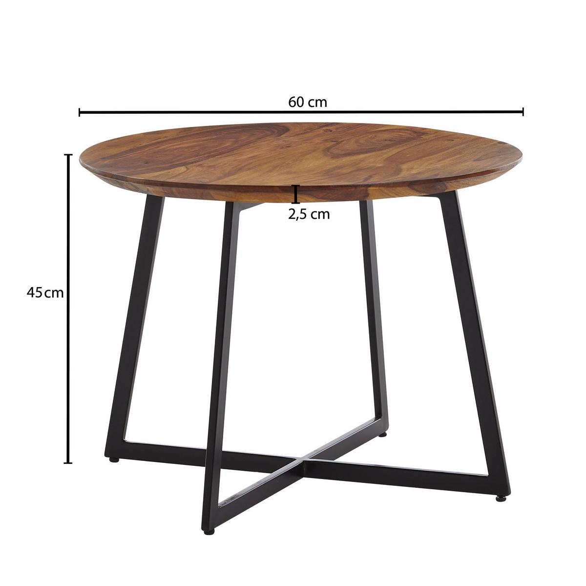 COUCHTISCH Rund, Sheesham Massivholz, Modernes Design, Maße 60x60x45 cm - Schwarz/Braun, Holz/Metall (60/60/45cm) - KADIMA DESIGN