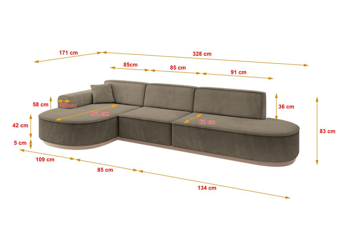 ECKSOFA Ottomane Links MARI-L2-v1 - 328x171x83 cm Dunkelbraun Velours - Dunkelbraun, Holzwerkstoff/Textil (328/171cm) - ALTDECOR