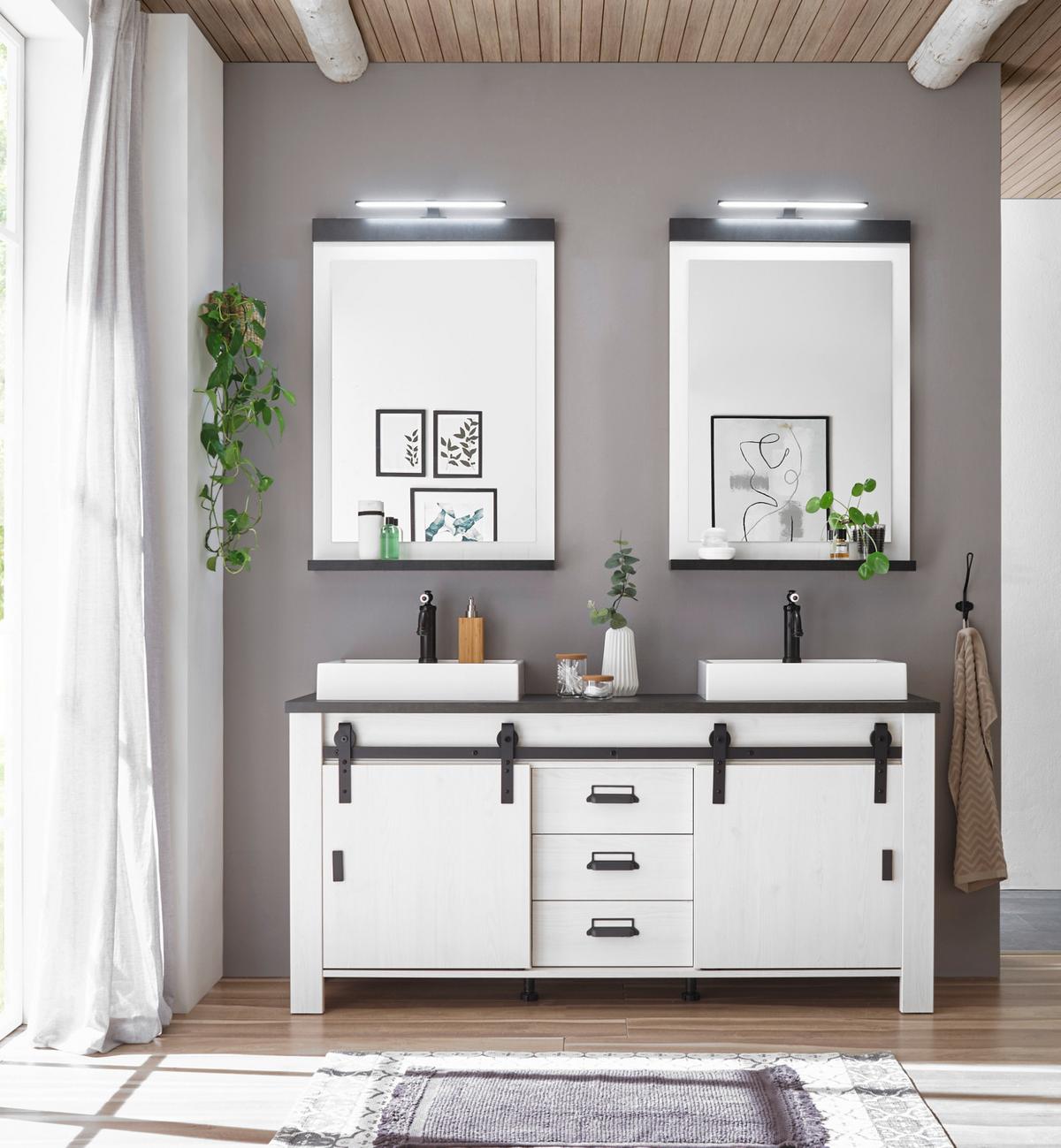 BADMÖBEL-SET weiß Pinie, anthrazit Landhaus, Doppelwaschtisch mit Waschbecken und LED - Anthrazit/Weiß, Holzwerkstoff/Metall (277/210/43cm) - Furn.Design