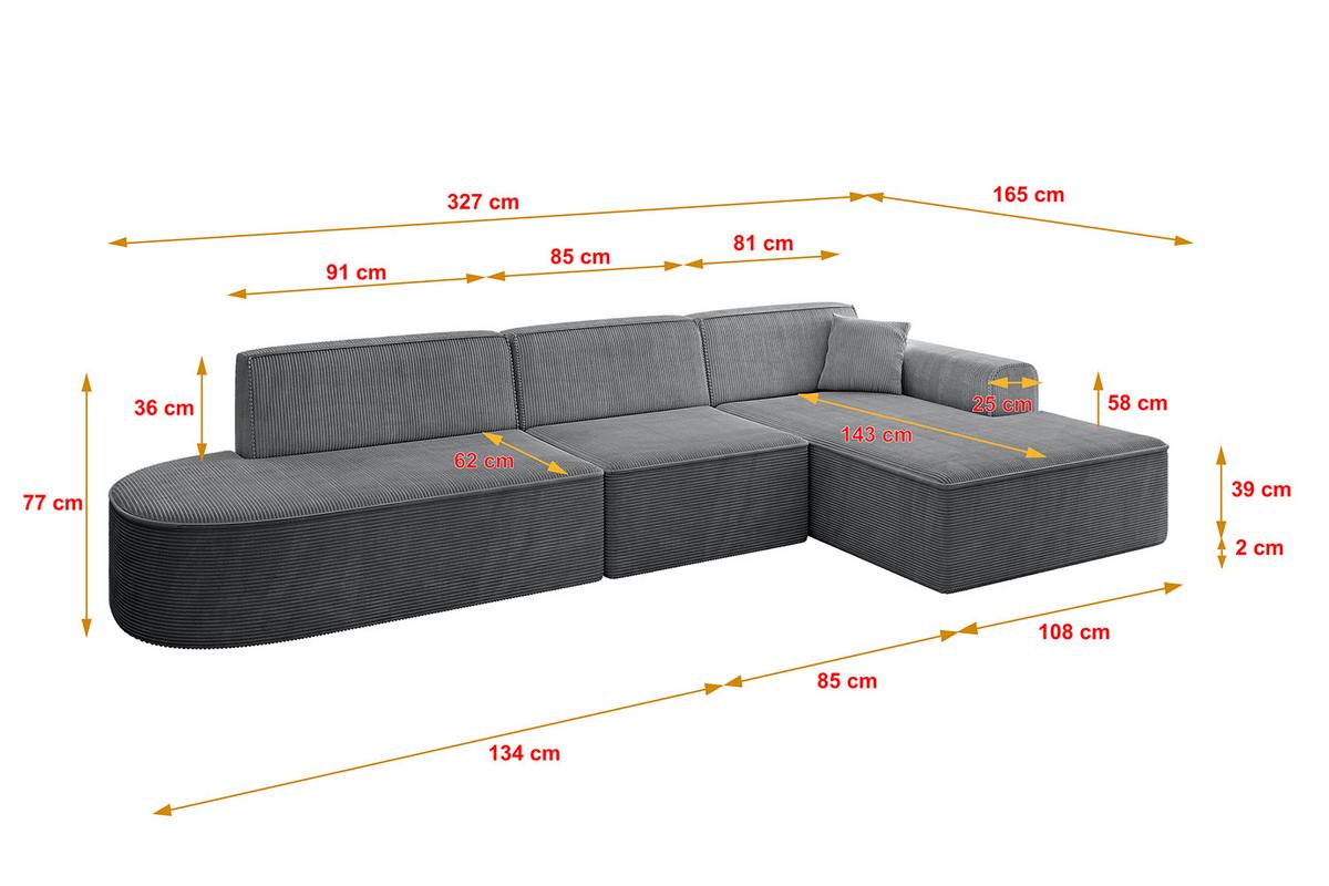 ECKSOFA Ottomane Rechts IREA-L2-v3 - 327x165x77 cm Duneklgrau - Dunkelgrau, Holzwerkstoff/Textil (327/165cm) - ALTDECOR