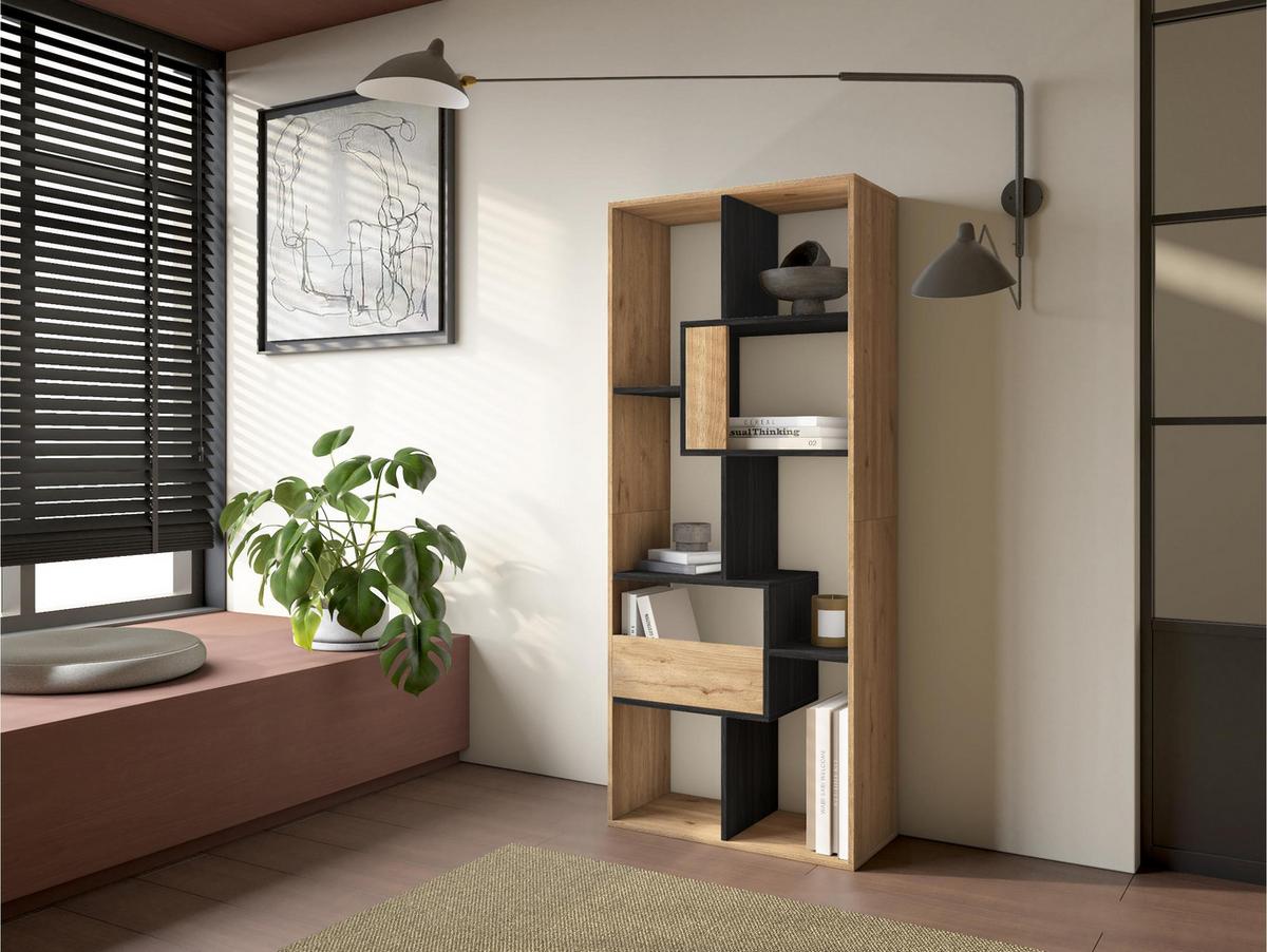 REGAL Bibliothek, Eiche und Schwarz, 67/31/162cm - Eichefarben/Schwarz, Holzwerkstoff (67/162/31cm) - Skraut Home