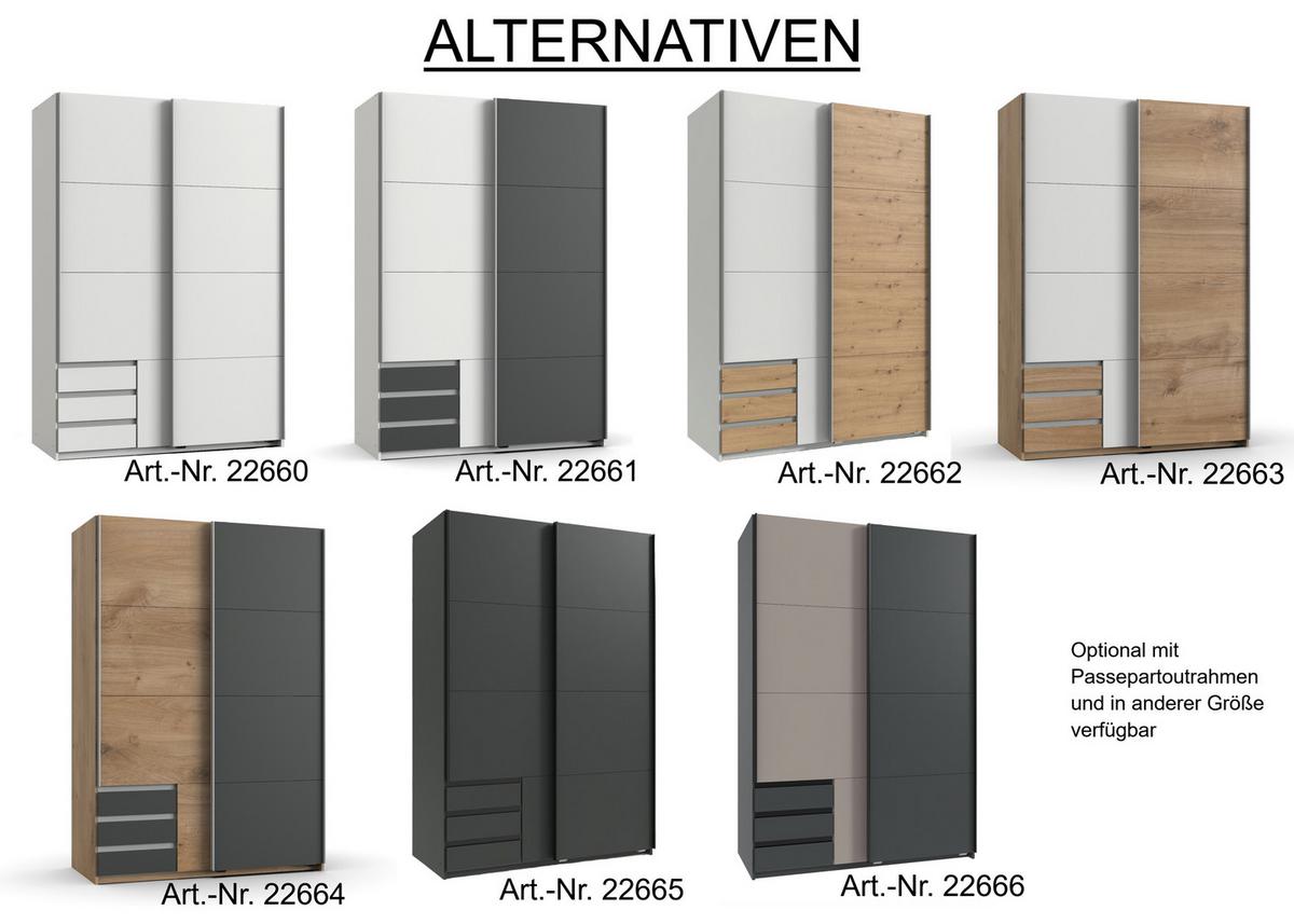 SCHWEBETÜRENSCHRANK 2-türig B135/H198/T65 cm, Kleiderschrank in Weiß, 1x Tür & sichtbare Schubkästen in Grafit / 22661 - Alufarben/Graphitfarben, Holz/Holzwerkstoff (135/198/65cm) - luma-home