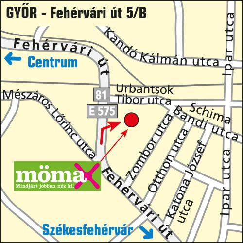 A megújult győri mömax áruház elhelyezkedése térképen bemutatva: Győr, Fehérvári út 5/b