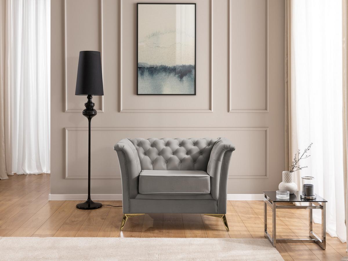 SITZGARNITUR 3+2+1 Chesterfield Whitby Grau Samt mit goldenen Füßen - Goldfarben/Grau, Holz/Textil (237/78/82cm) - S-Style Möbel