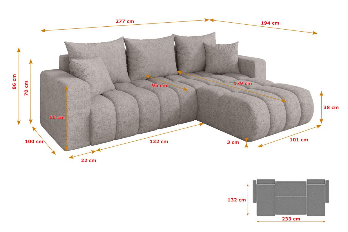 ECKSOFA mit Schlaffunktion Ottomane Rechts MILA-L-v1 277x195x86 Hellgrau Velours - Hellgrau/Schwarz, Holzwerkstoff/Kunststoff (277/194cm) - ALTDECOR