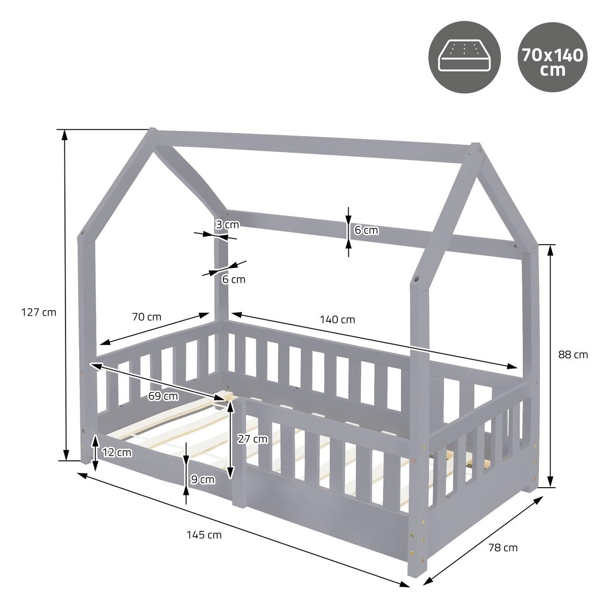 KINDERBETT mit Dach und Matratze 70x140 cm Hellgrau - Hellgrau, Holz (70/140cm) - ML-DESIGN