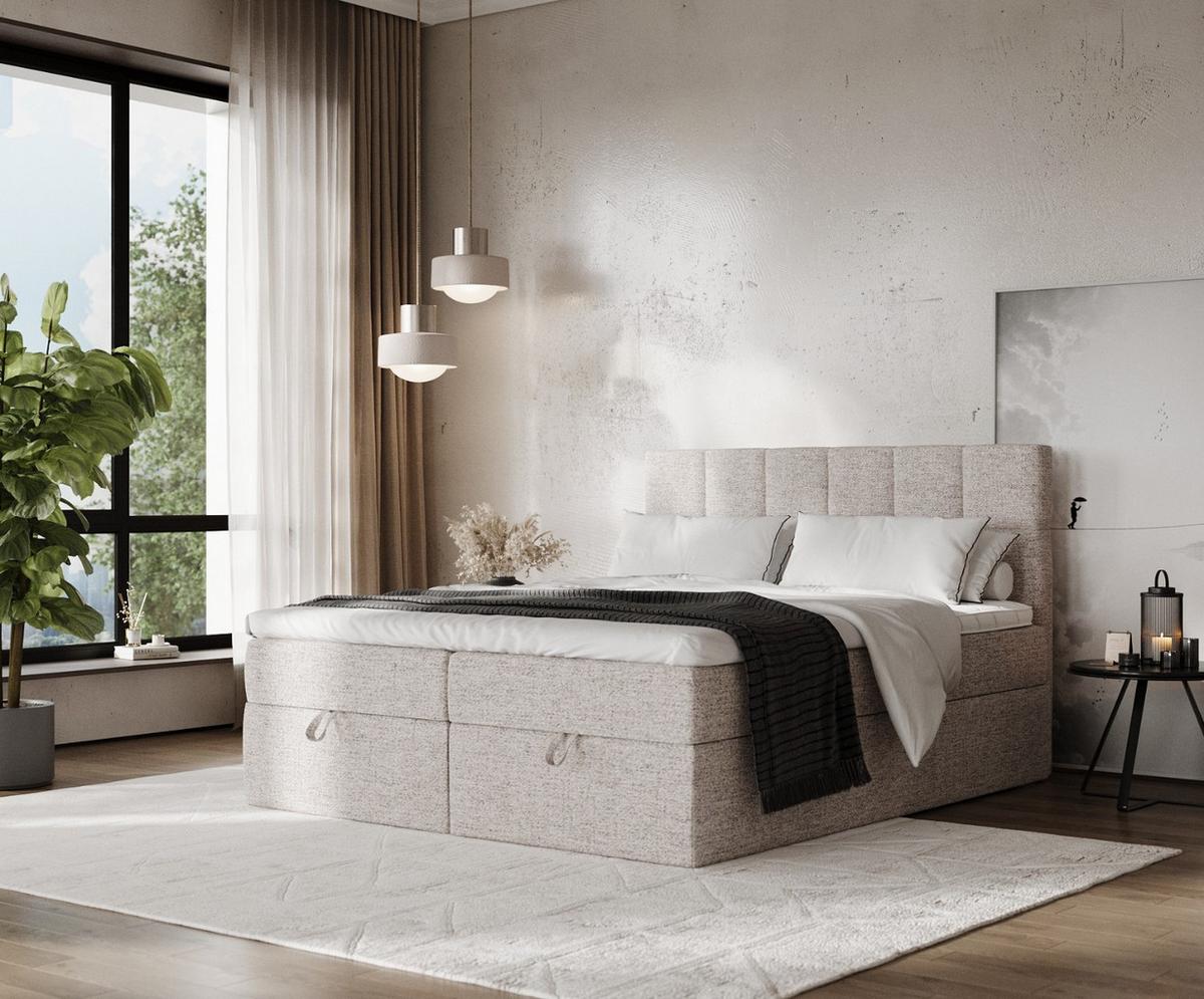 BOXBETT Savio 180/200 cm Beige im Neve Stoff - Beige/Schwarz, Holz/Holzwerkstoff (180/200cm) - AltaBeds