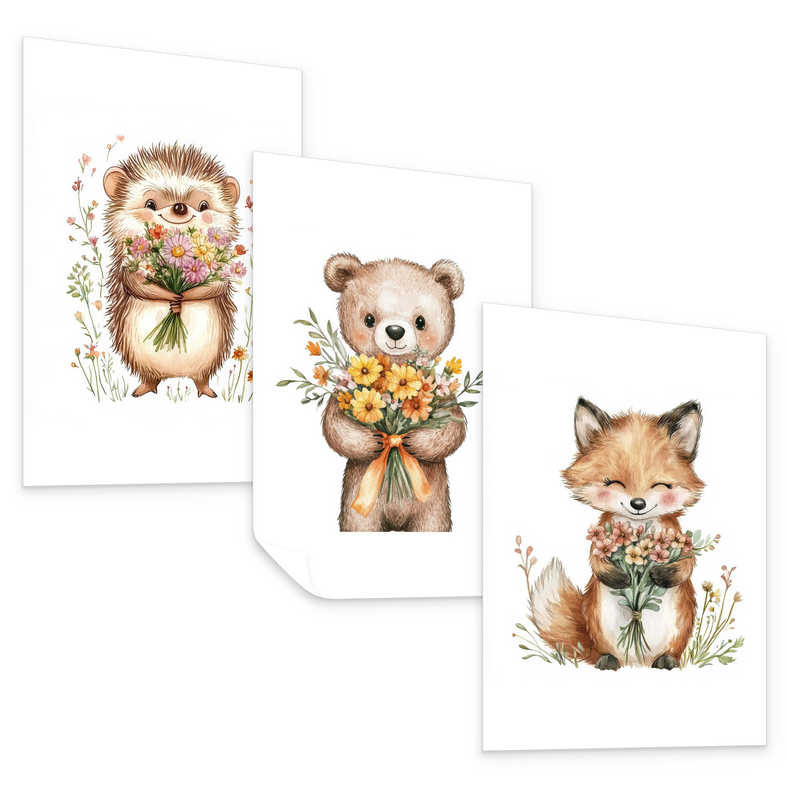 POSTER SET ohne Rahmen für Kinder WALDTIERE Blumen Pflanzen 3x Poster A4 21x30cm - Gelb/Beige, Papier (21/30/1cm) - Muralo