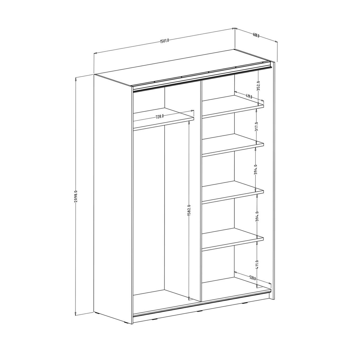 SCHWEBETÜRENSCHRANK BETTINA 150/210/61 cm 2-türig mit Spiegel Schwarz - Schwarz, Holzwerkstoff (150/210/61cm) - MASSENO