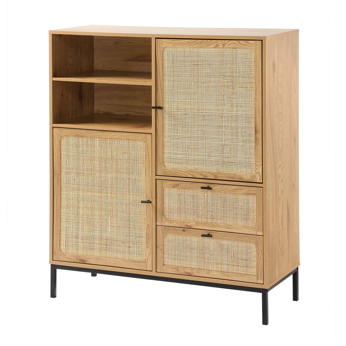 HOHE Buffetschrank mit Rattanfronten - L100 x H120 cm - JAYA - Eschefarben, Holzwerkstoff (40/120/55cm) - Calicosy